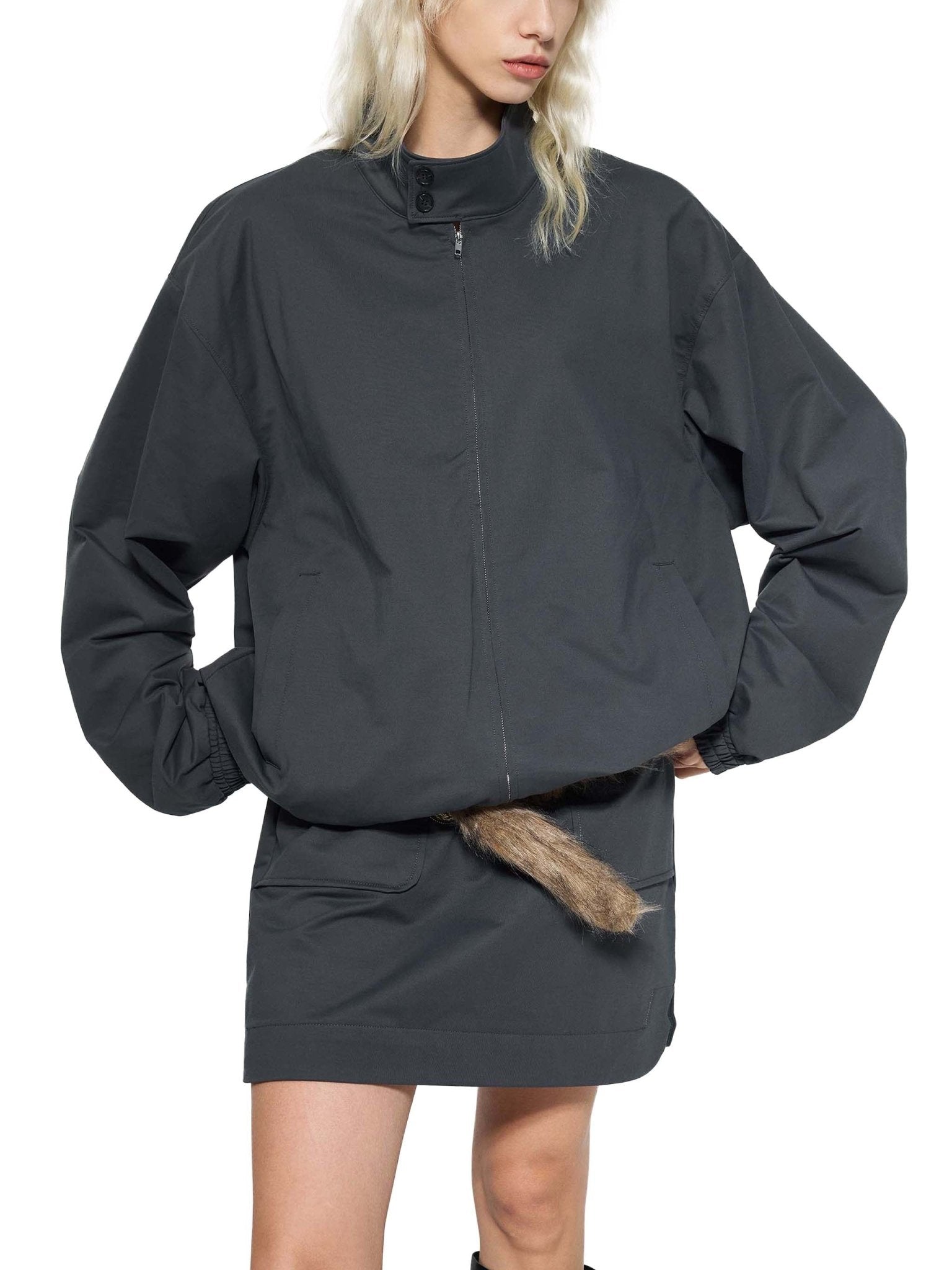 Dark Gray Stand Collar Bomber JacketDark Gray Stand Collar Bomber Jacket251024PODQX1038001