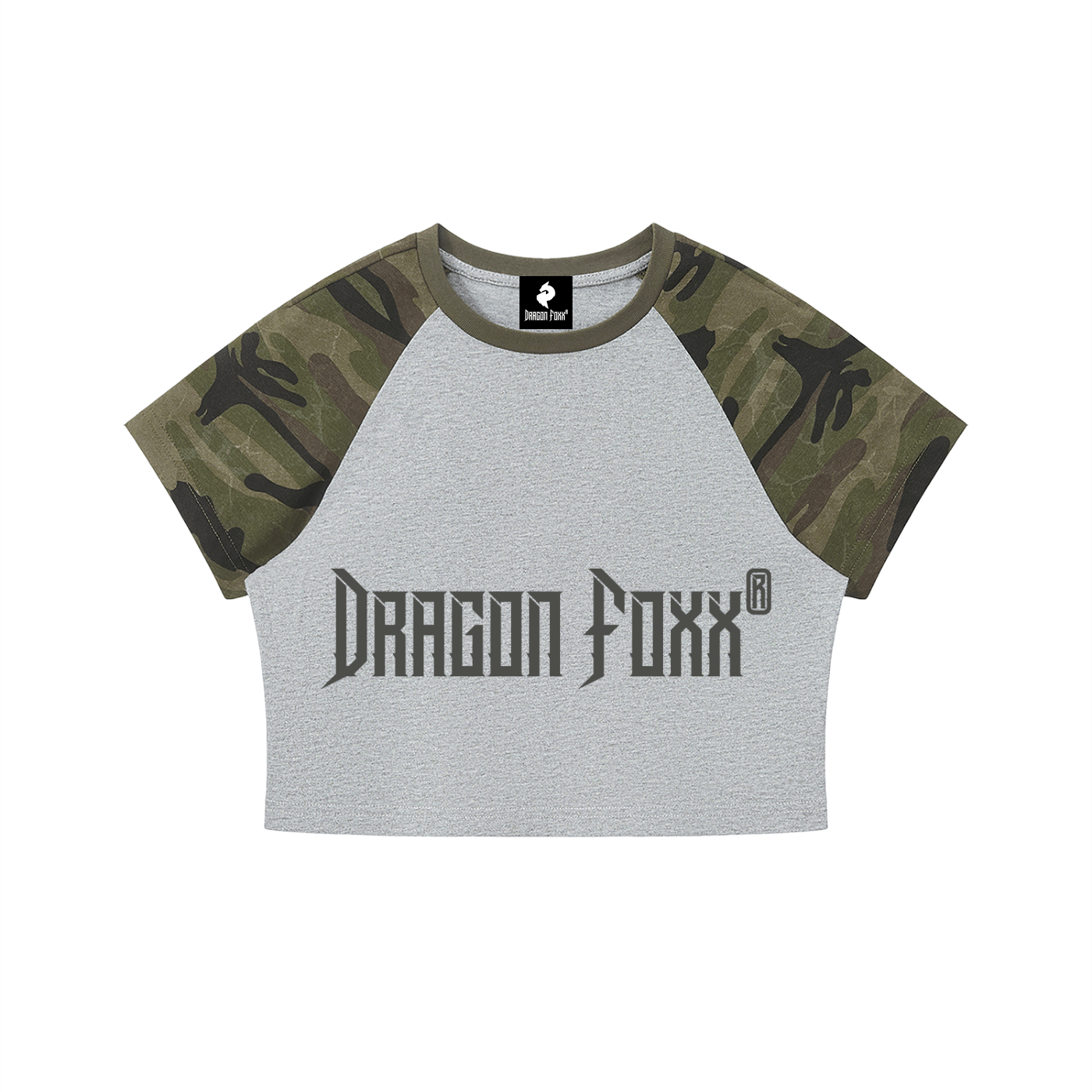 Women’s Flower Gray with Army Green Camo Raglan Crop T-ShirtCamo Raglan Crop T-ShirtWomen’s Flower Gray with Army Green Camo Raglan Crop T-Shirt260527PODAA3142001