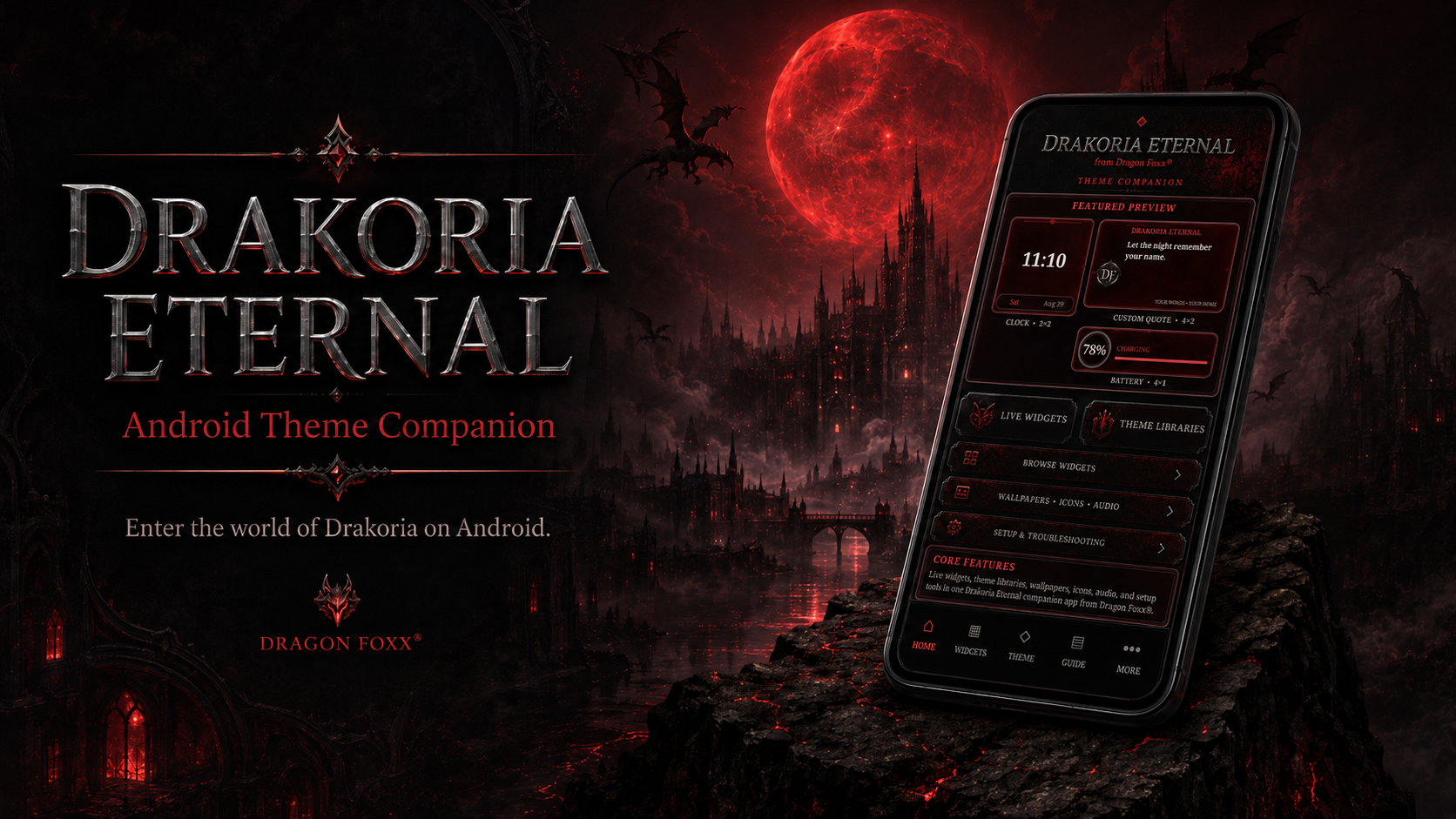 Drakoria Eternal Android Theme Companion by Dragon Foxx® with gothic city artwork and the companion app displayed on an Android phone.