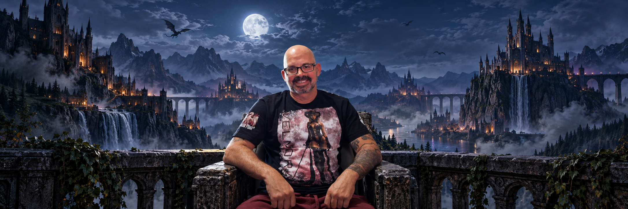 Wide banner of the Dragon Foxx® founder seated before the moonlit fantasy world of Drakoria, with gothic castles, waterfalls, and mountains behind him.