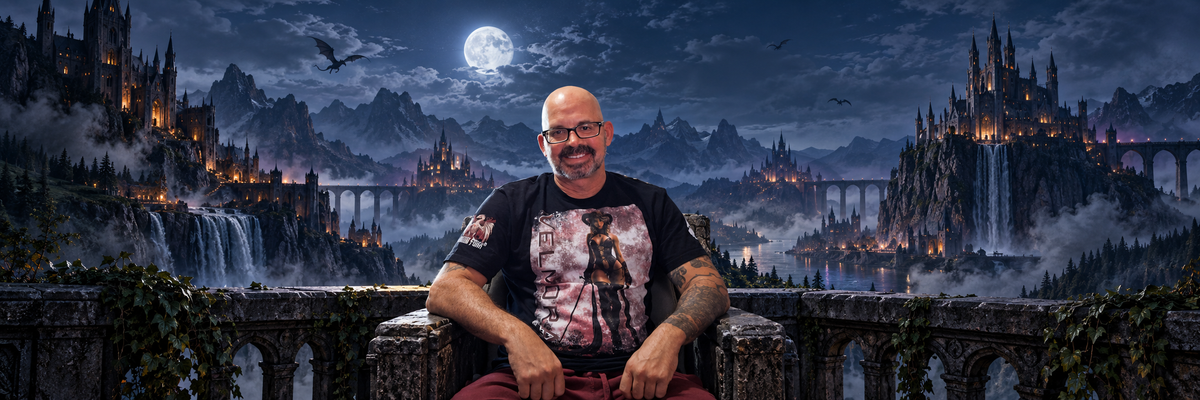 Wide banner of the Dragon Foxx® founder seated before the moonlit fantasy world of Drakoria, with gothic castles, waterfalls, and mountains behind him.