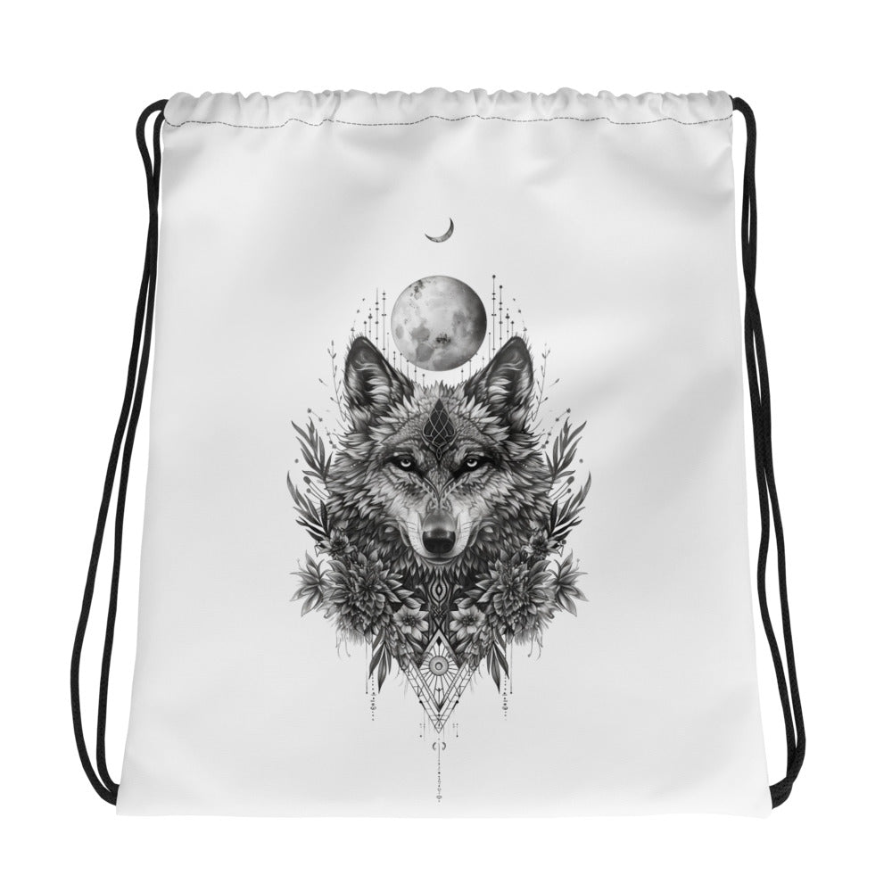 Ancient Geometry Floral Wolf - White Drawstring Bag - Drawstring Bag - DRAGON FOXX™ - Ancient Geometry Floral Wolf - White Drawstring Bag - 5354036_8894 - 15″ × 17″ - White/Black - Drawstring - 15″×17″ Drawstring Bag - Accessories - Ancient Geometry
