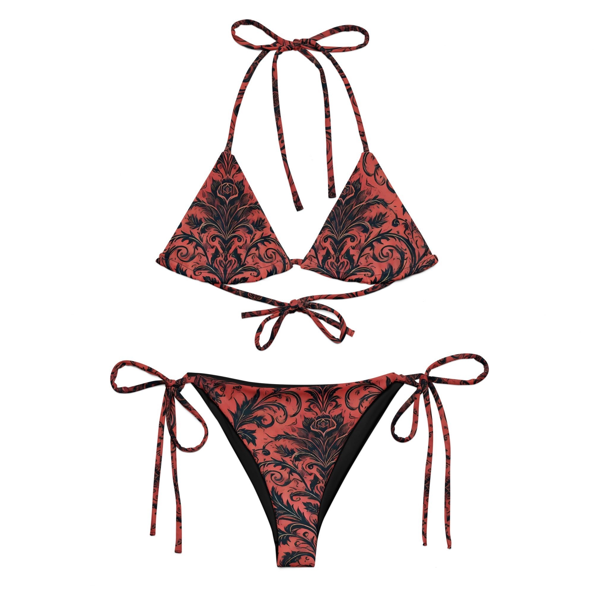 Dark Bloom - Red and Black Floral Eco String Bikini - Eco String Bikini Set - DRAGON FOXX™ - Dark Bloom - Red and Black Floral Eco String Bikini - 6770051_16553 - 2XS - Floral - String Bikini - Dark Bloom - Dark Bloom Bikini - Dark Bloom Eco String Bikini