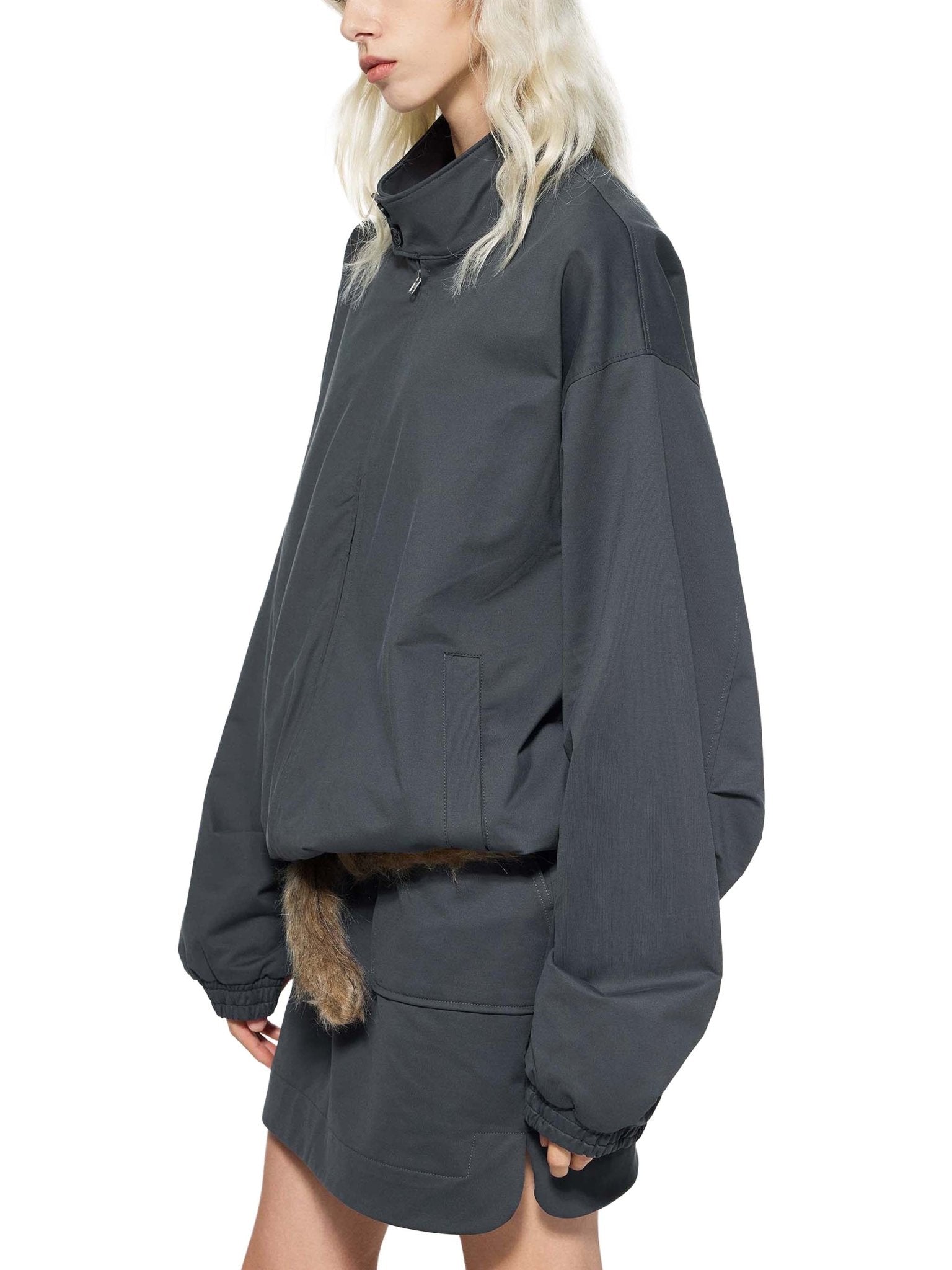 Dark Gray Stand Collar Bomber JacketDark Gray Stand Collar Bomber Jacket251024PODQX1038001