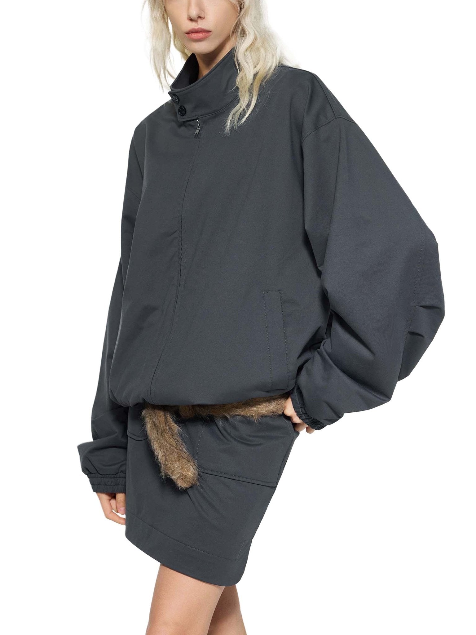 Dark Gray Stand Collar Bomber JacketDark Gray Stand Collar Bomber Jacket251024PODQX1038001