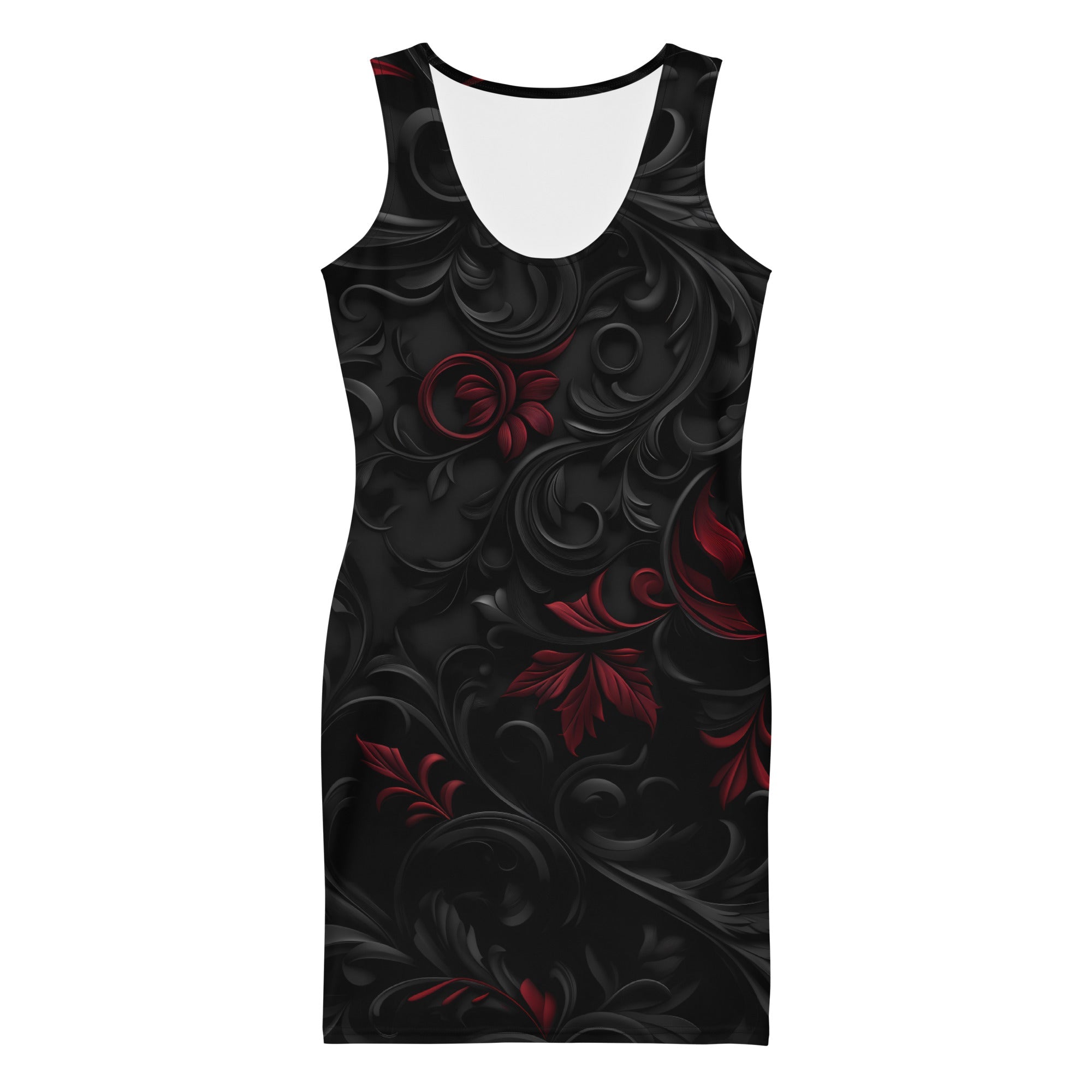 Essence of Red - Black Floral Bodycon Dress - Bodycon Dress - DRAGON FOXX™ - Product mockup - 7076575_7788 - XS - Floral - Black and Red - Bodycon Dress - Black Floral Bodycon Dress - Bodycon