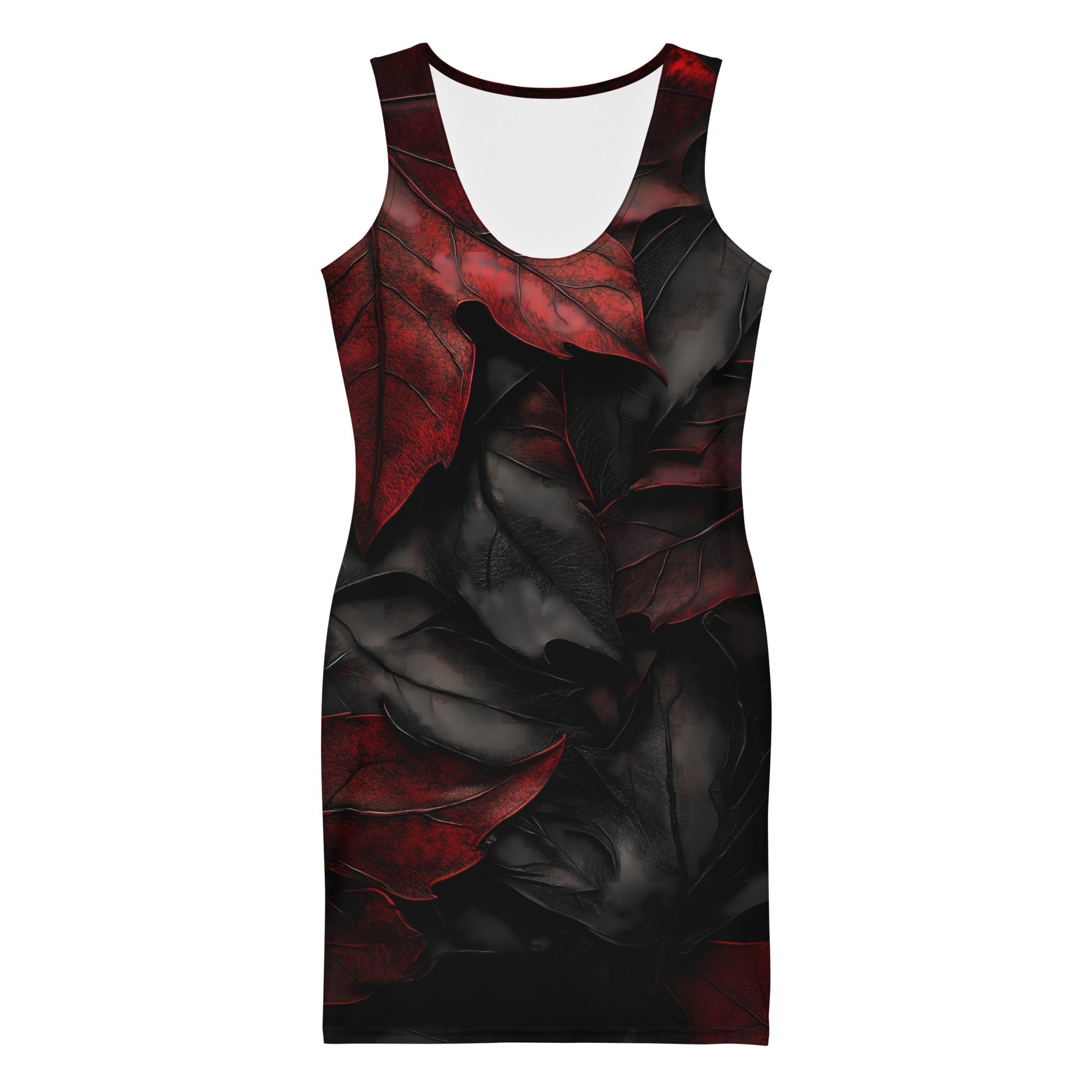 Falls Embrace - Bodycon Dress - Bodycon Dress - DRAGON FOXX™ - Product mockup - 1686726_7788 - XS - Floral - Art Style Dress - Black and Red - Black and Red - Bodycon Dress