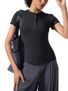 Women's Black Modal Bodycon Henley ShirtWomen's Modal Bodycon Henley ShirtWomen's Black Modal Bodycon Henley Shirt250906PODAA0585001