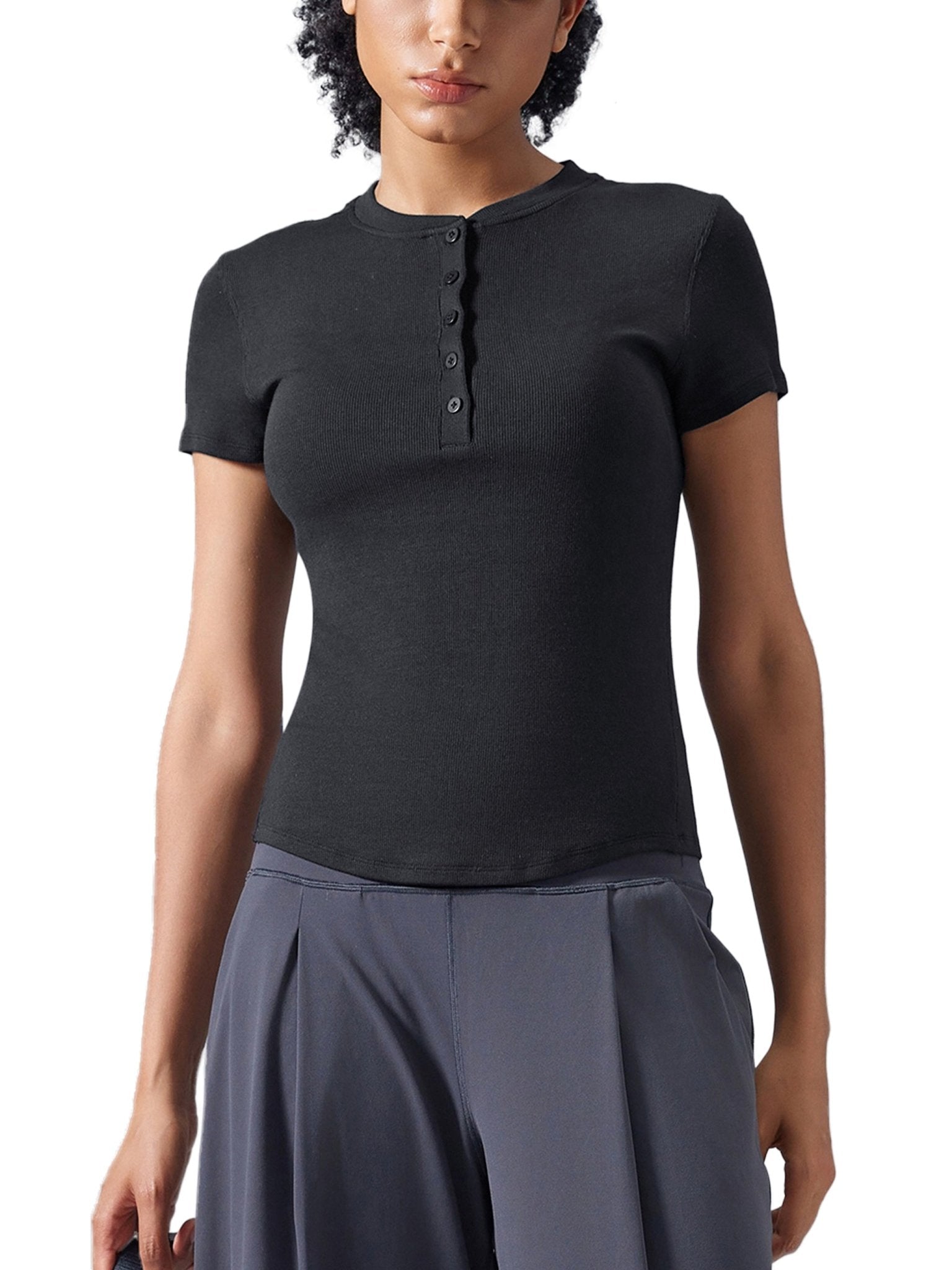 Women's Black Modal Bodycon Henley ShirtWomen's Modal Bodycon Henley ShirtWomen's Black Modal Bodycon Henley Shirt250906PODAA0585001