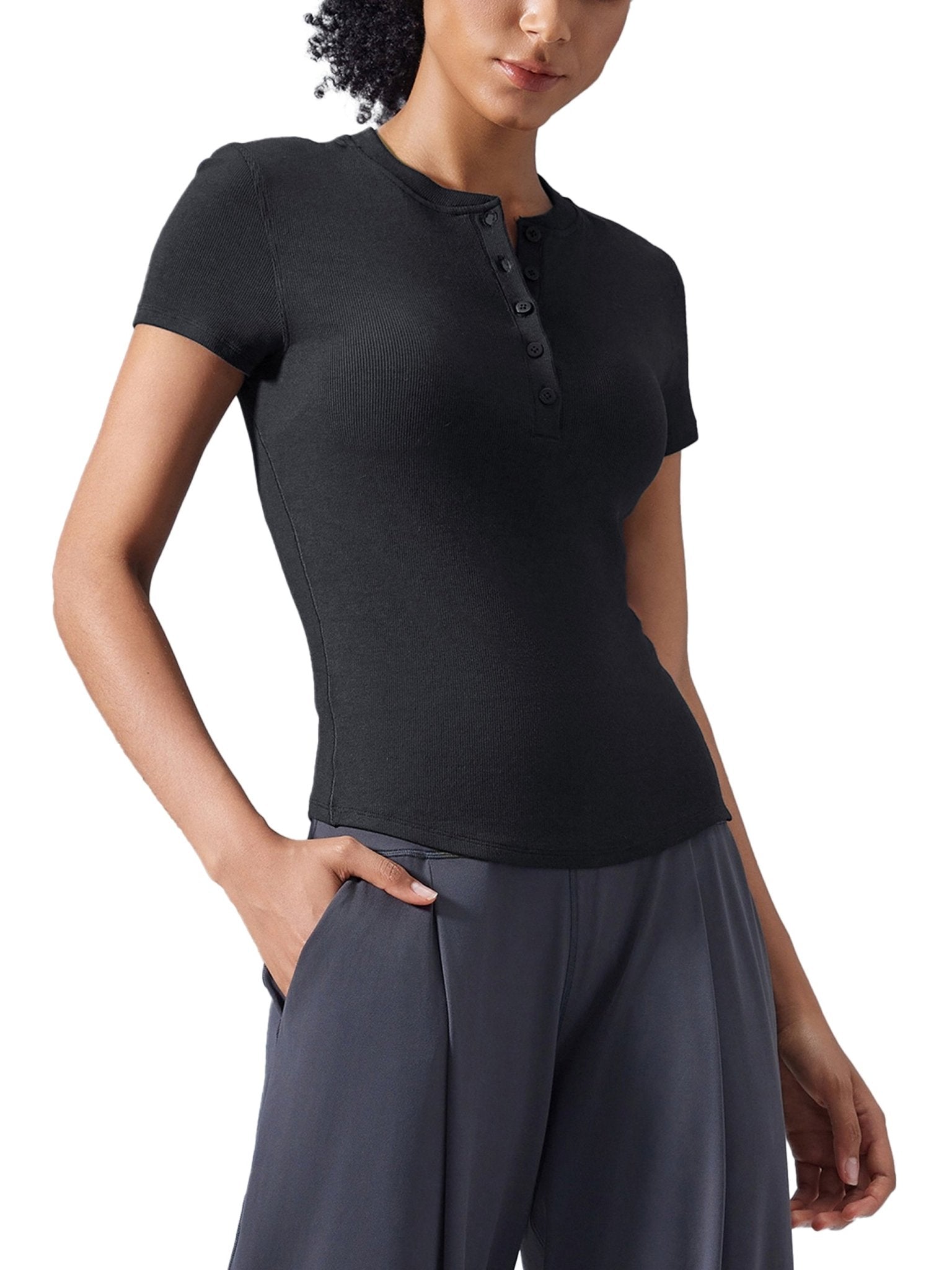 Women's Black Modal Bodycon Henley ShirtWomen's Modal Bodycon Henley ShirtWomen's Black Modal Bodycon Henley Shirt250906PODAA0585001