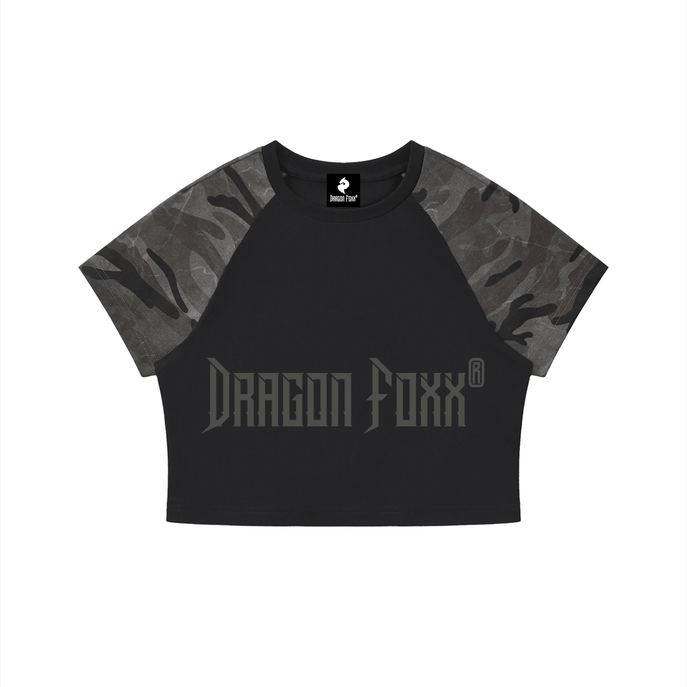 Women’s Black with Gray Camo Raglan Crop T-ShirtCamo Raglan Crop T-ShirtWomen’s Black with Gray Camo Raglan Crop T-Shirt260527PODAA3116001