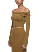 Women's Brown Off - the - Shoulder Bell Sleeve Crop T-ShirtOff - the - Shoulder Bell Sleeve Crop T-ShirtWomen's Brown Off - the - Shoulder Bell Sleeve Crop T-Shirt260507PODND2296001