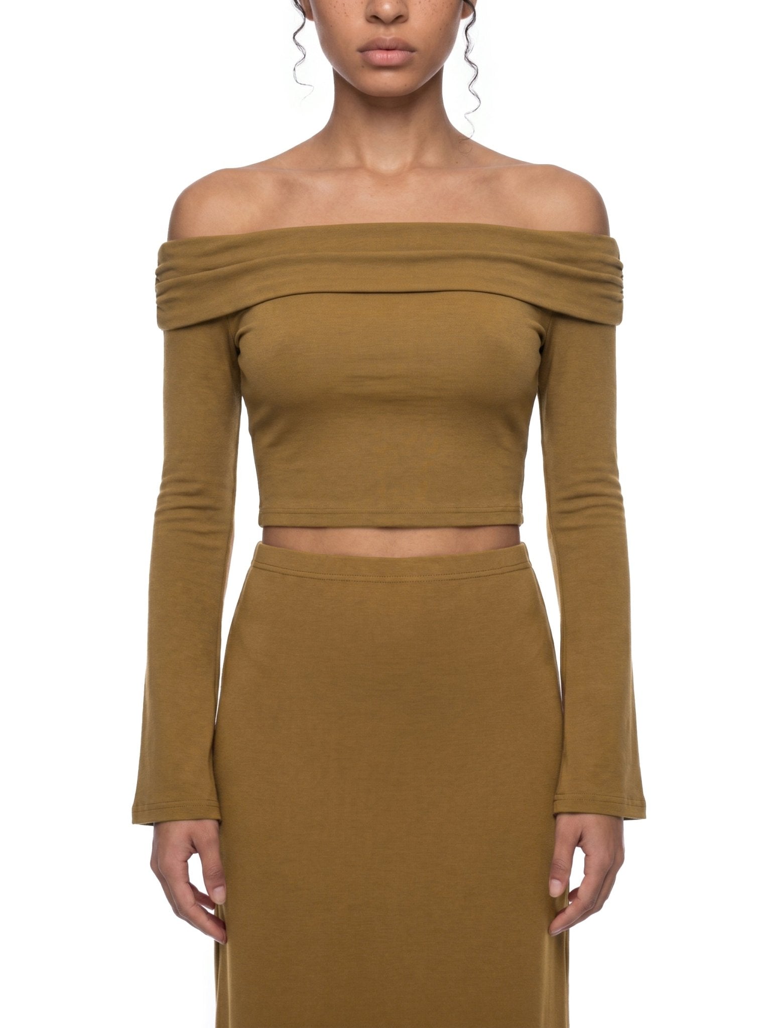 Women's Brown Off - the - Shoulder Bell Sleeve Crop T-ShirtOff - the - Shoulder Bell Sleeve Crop T-ShirtWomen's Brown Off - the - Shoulder Bell Sleeve Crop T-Shirt260507PODND2296001