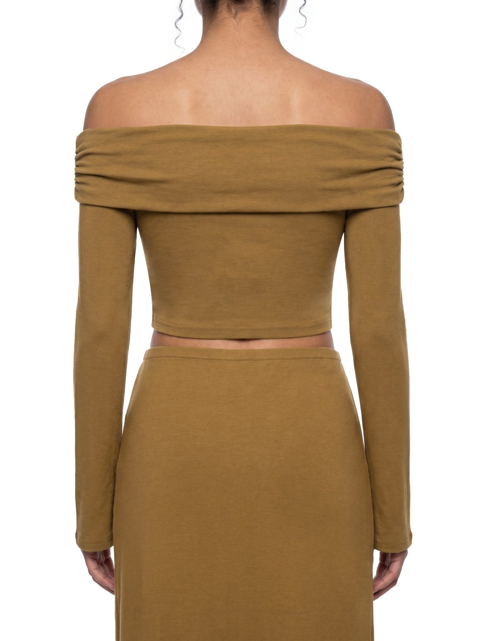 Women's Brown Off - the - Shoulder Bell Sleeve Crop T-ShirtOff - the - Shoulder Bell Sleeve Crop T-ShirtWomen's Brown Off - the - Shoulder Bell Sleeve Crop T-Shirt260507PODND2296001
