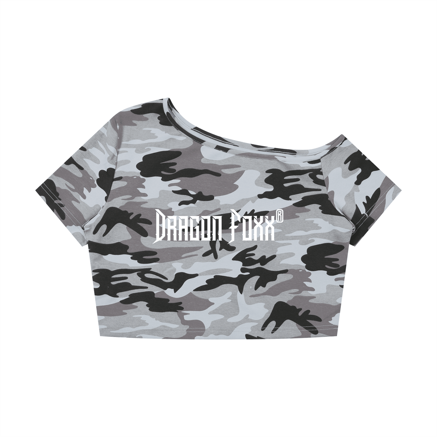 Women's Camo Off-Shoulder Crop T-ShirtCrop Top TeeWomen's Camo Off-Shoulder Crop T-Shirt260805PODAA3362001