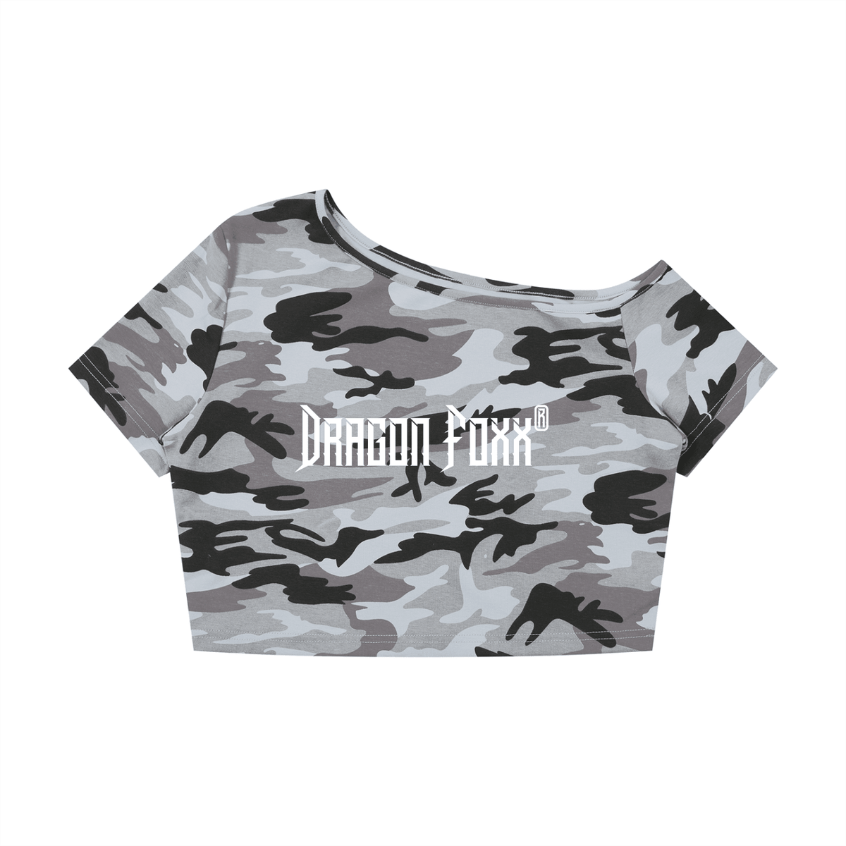 Women's Camo Off-Shoulder Crop T-ShirtCrop Top TeeWomen's Camo Off-Shoulder Crop T-Shirt260805PODAA3362001