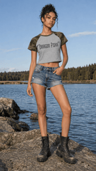 Women’s Flower Gray with Army Green Camo Raglan Crop T-ShirtCamo Raglan Crop T-ShirtWomen’s Flower Gray with Army Green Camo Raglan Crop T-Shirt260527PODAA3142001