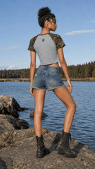 Women’s Flower Gray with Army Green Camo Raglan Crop T-ShirtCamo Raglan Crop T-ShirtWomen’s Flower Gray with Army Green Camo Raglan Crop T-Shirt260527PODAA3142001